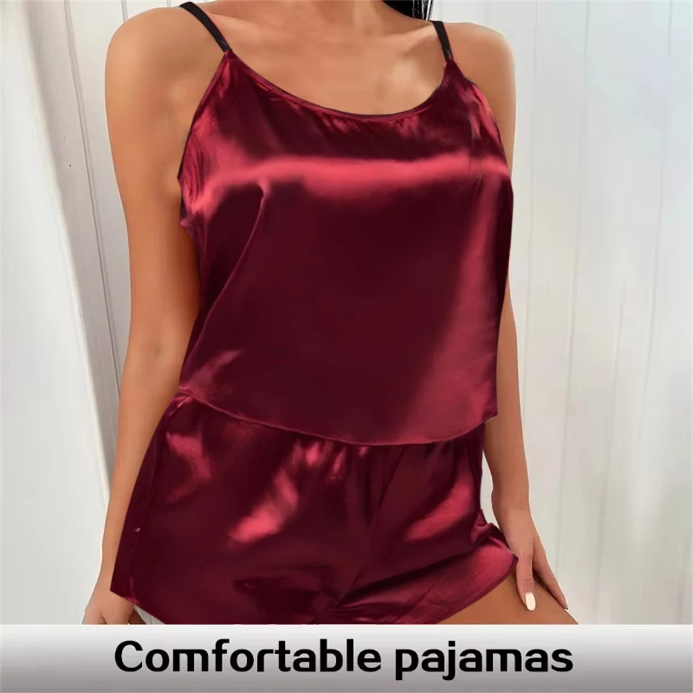 Women\'s Sleepwear Sexy Lace Satin Pajama Sets Nightwear Sleeveless Tops+Shorts 2Pcs Sets Pyjama Sets for Women Pijama