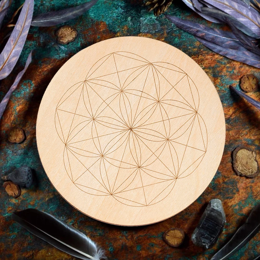 Wood Board Sacred Geometry Flower of Life Pattern Round Dowsing Plate Witchcraft Wiccan Altar Crystal Healing Creative Ornaments