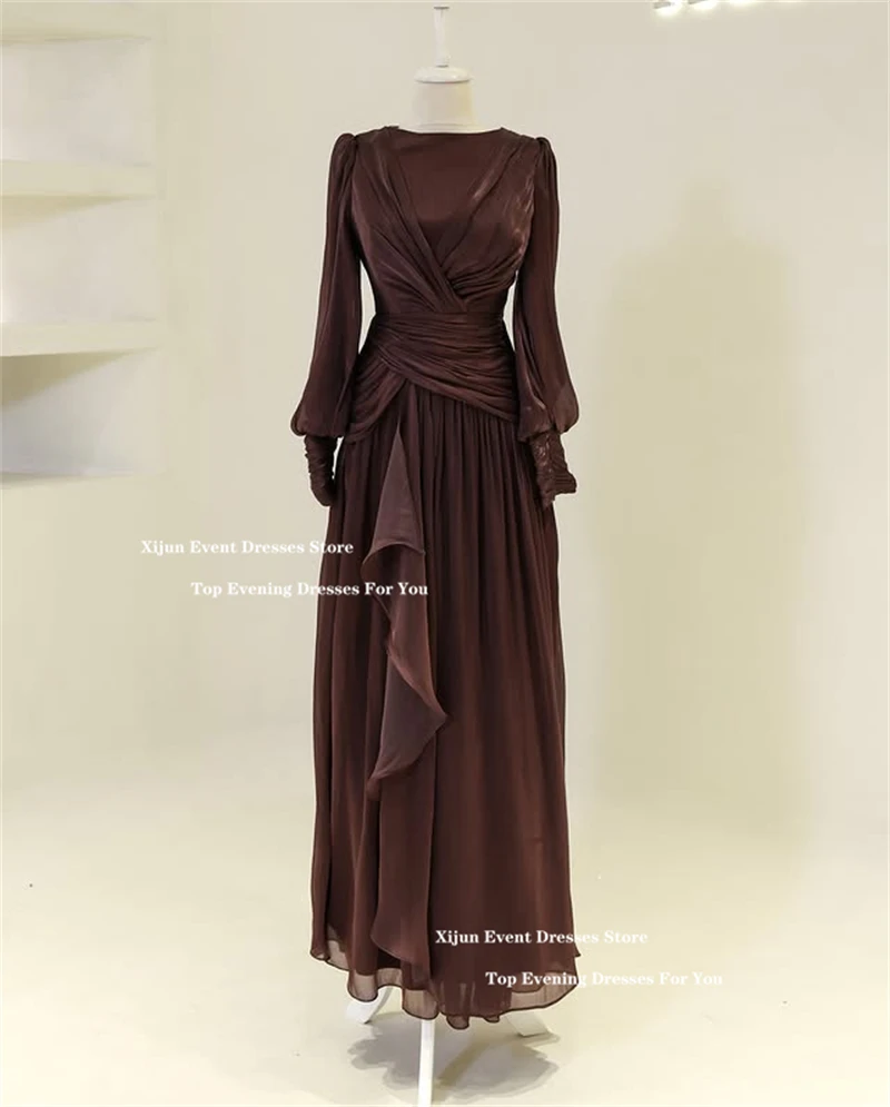 Xijun Modest Long Evening Dresses Luxury long Sleeves Pleats A-Line Prom Gown Silk Satin Formal Occasion Prom Dresses Customized