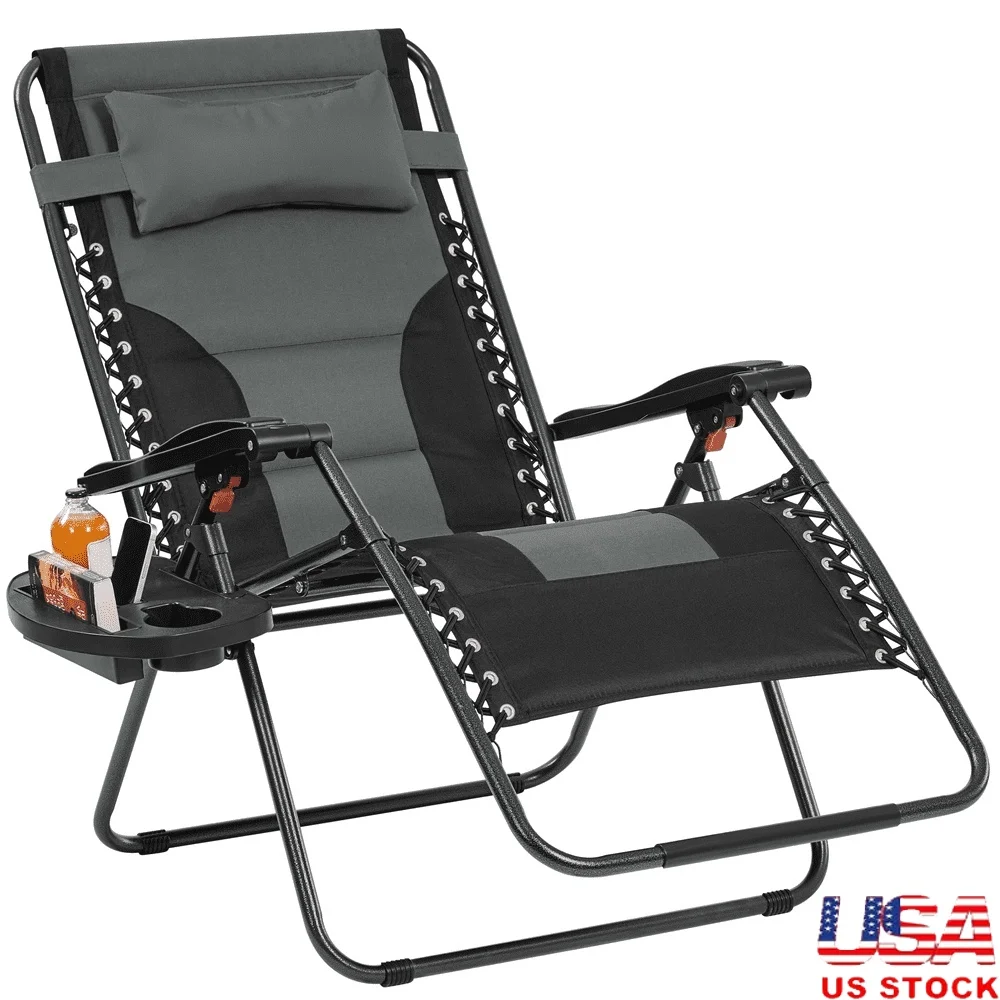 

29in Foldable Padded Zero Gravity Recliner Chair with Cupholder Pillow Outdoor Durable Weather Resistant Fishing Napping