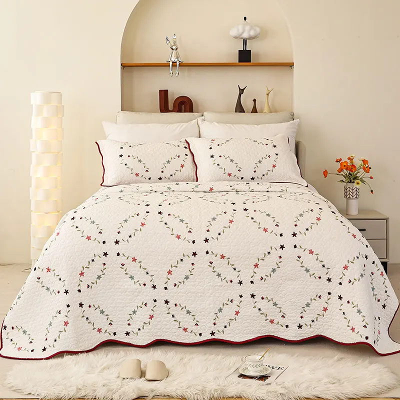 

Luxury Embroidered Quilted Bedspread Set 3-PCS All-Season Lightweight Comforter 100% Cotton Reversible Quilt Elegant Home Decor