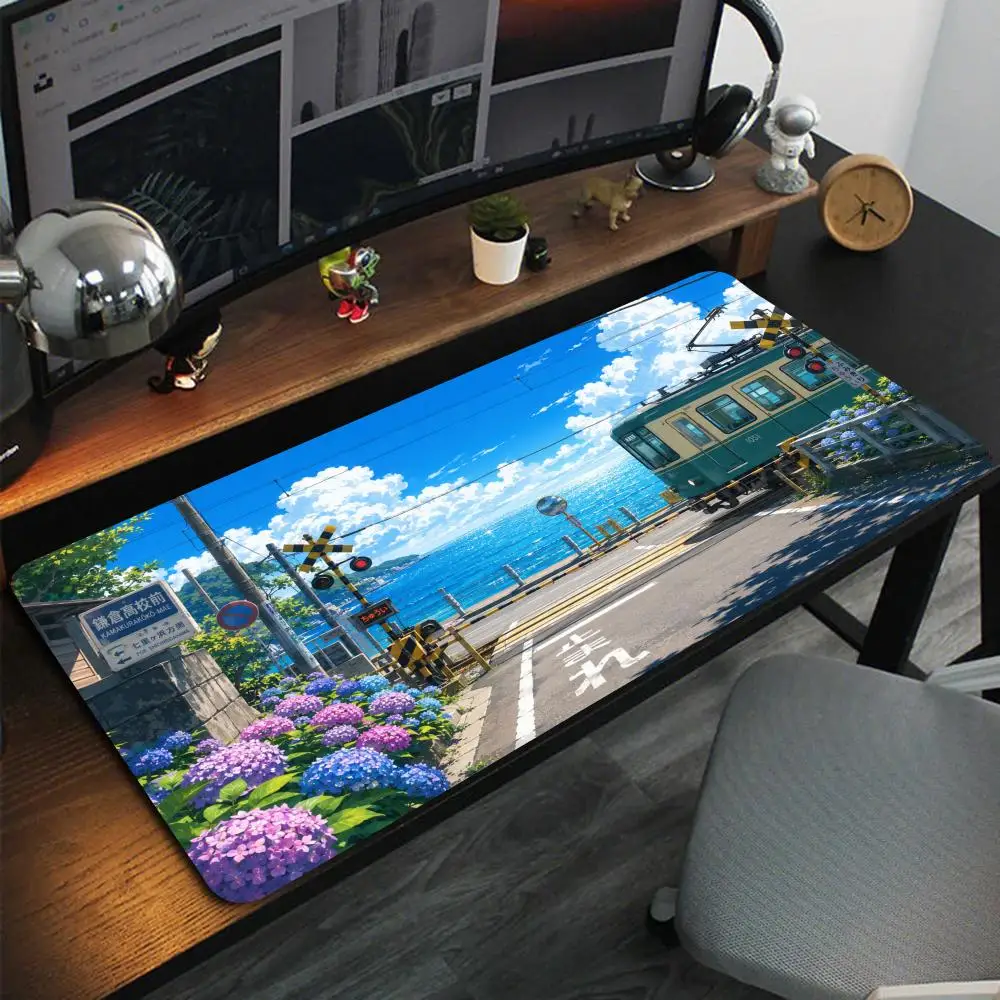 Anime Scenery Kamakura Seaside Tram Hydrangea Blue Ocean Summer Sky Extra Large Non-Slip Extended Rubber Gaming Desk Mouse Pad