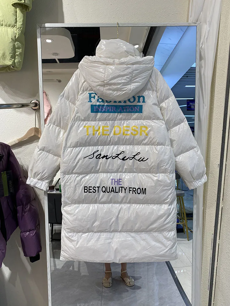 Abrigo de plumón de pato blanco para mujer, parka gruesa y holgada, chaqueta cálida con capucha, x-long, brillante, impermeable, invierno, 90%