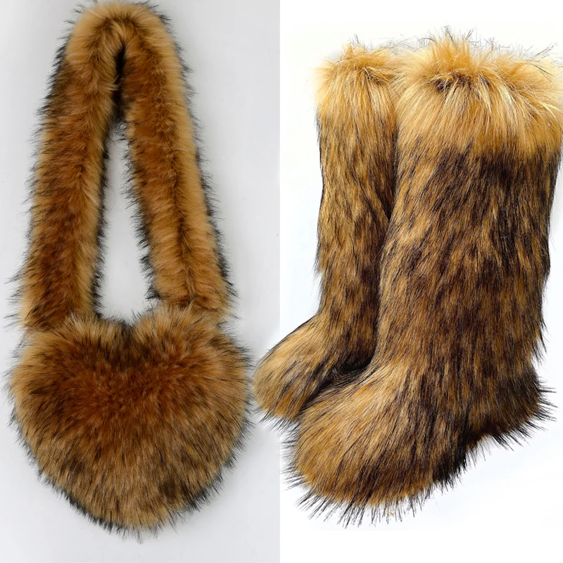 Fur Boots Women Winter Warm Thick Imitation Fox Fur Snow Boots In The Tube Fashion Snow Boots Plush Heart-shaped Fur Bag Set