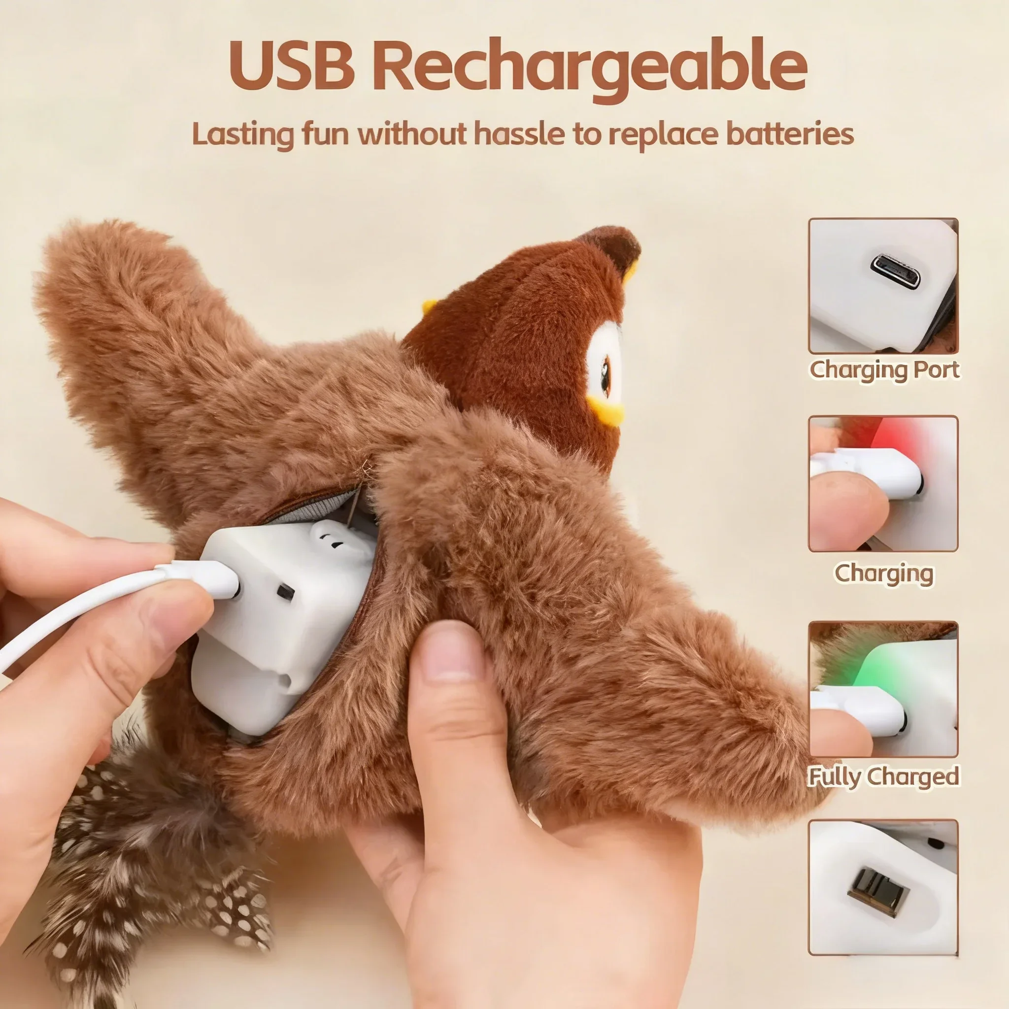 Wiederaufladbares Elektrisches Simuliertes Vogel-Haustier-Spielzeug, Berührungsaktiviertes Zwitscher- und Flügelspielzeug (Nicht fliegend), Interaktives Plüschspielzeug für Katzen und Hunde – Detail 2