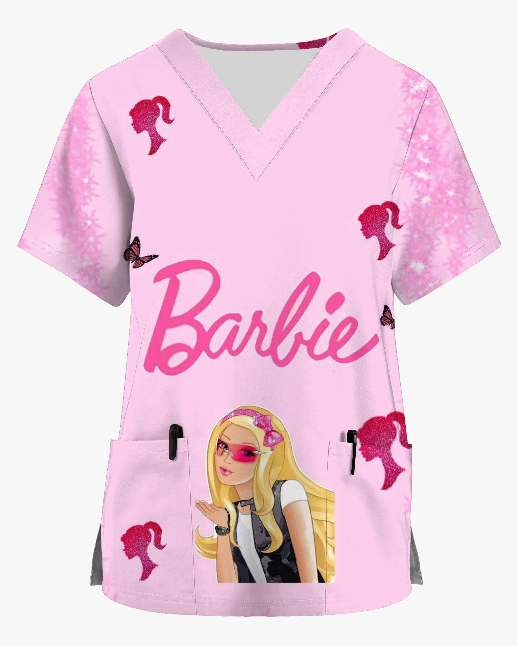 Women's Nursing Clothes Barbie Princess V-Neck Print Scrub Top Accessories Doctor Uniform Hospital Nurse Beauty Salon T-shirt