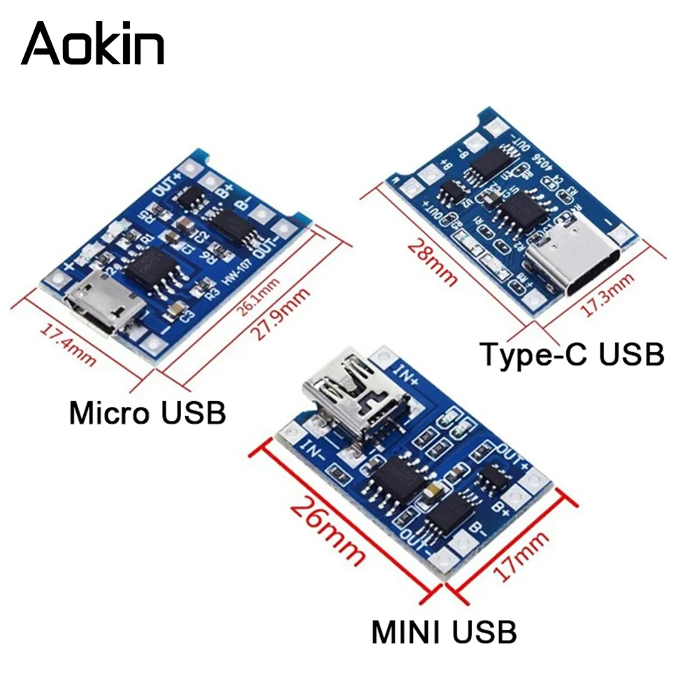10pcs TP4056 5V 1A 18650 Lithium Battery Charger Module Mini USB Micro USB Type-c Interface Charging Board with Dual Protection