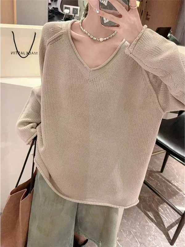

Casual Loose Fit Long Sve V-Ne Side Slit Knitted Sweater plus Size Color Faionable Artistic Sle Autumn Women's...