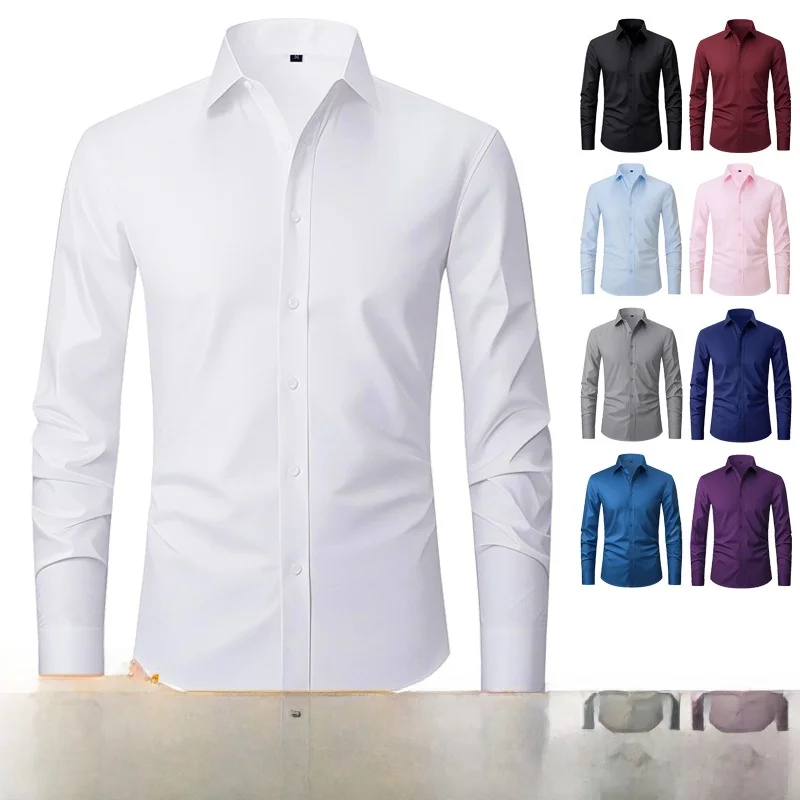 

Men's Large Size Business Shirt Anti-Wrinkle No-Iron Four-Dimensional Elastic Pure Color Casual Long Sleeve Shirt