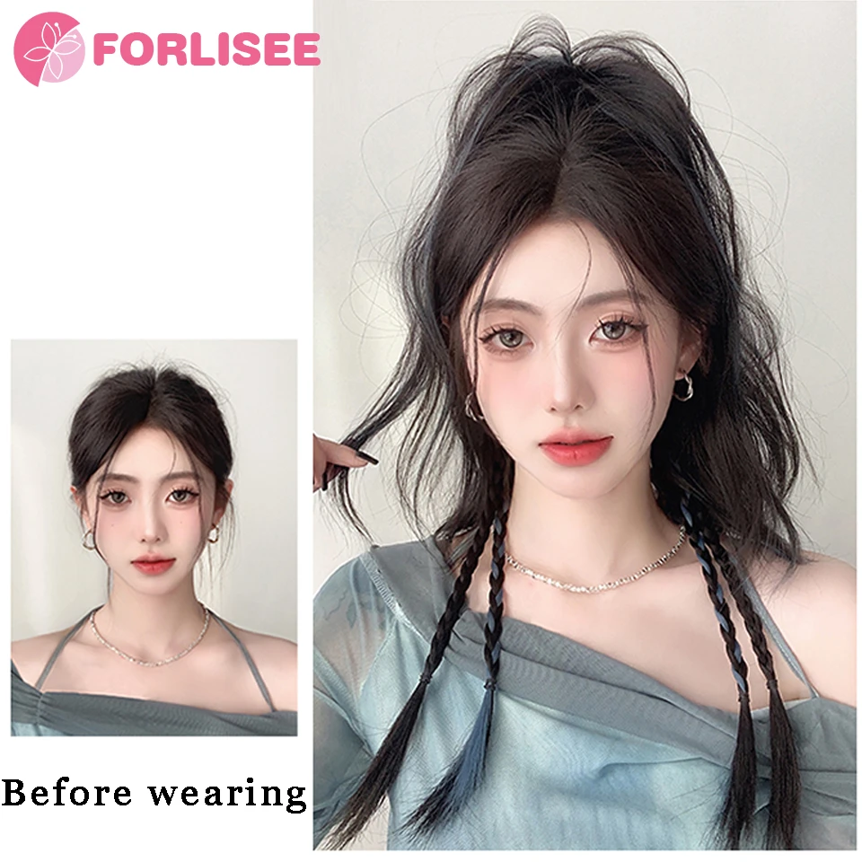 Synthetic Highlighted Blue High Ponytail Boxer Braid Wig Water Rippled Dopamine Half-tied Braid Claw Clip Waterfall Ponytail