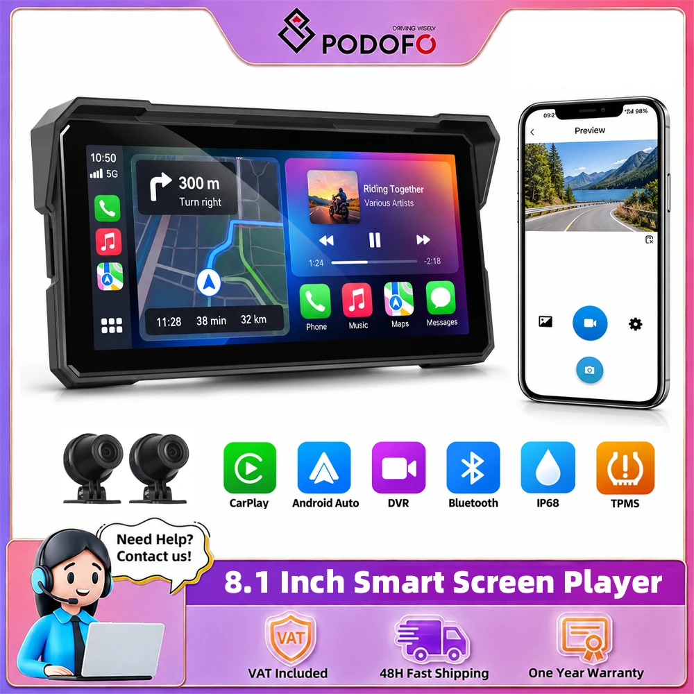 Podofo, lettore multimediale portatile con schermo HD, sistema di guida intelligente, radio stereo, compatibile con CarPlay e Android Auto, schermo da 8,1 pollici, connessione wireless, sistema di
