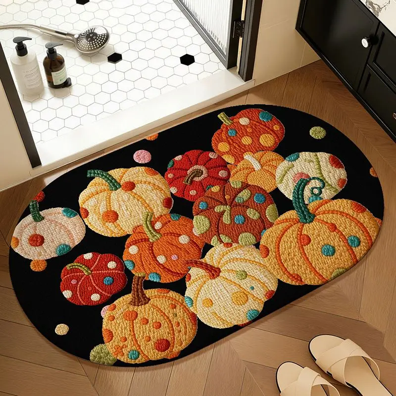 VIKAMA Embroidery Style Pumpkin Doormat Absorbent Diatomaceous Earth Autumn Non Slip Home Decor