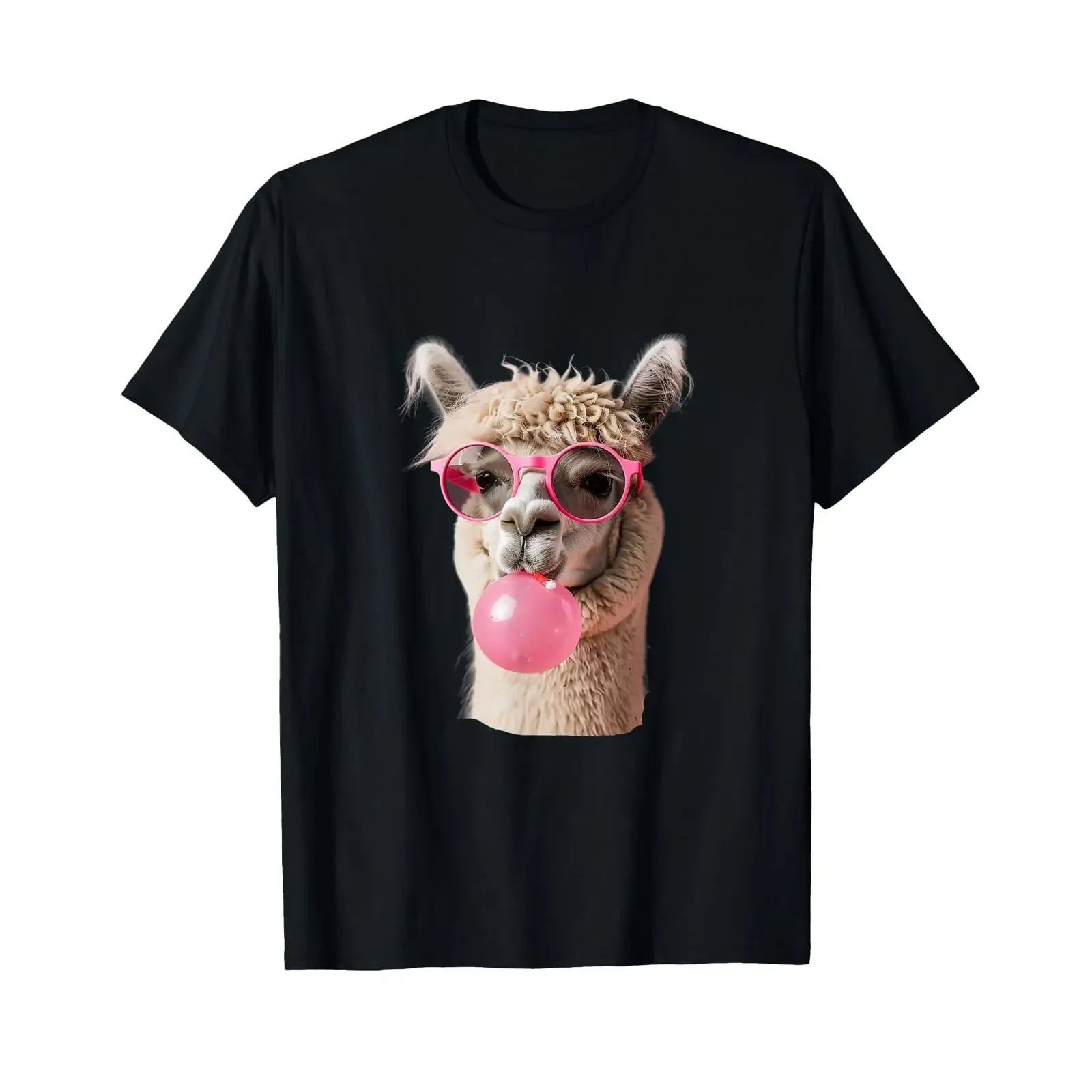 snirt Alpaka-Fell T-Shirt mit Kaugummi und Brille, Vintage-Waschung, dehnbar, lässig, bequem, modisch, atmungsaktiv, weich