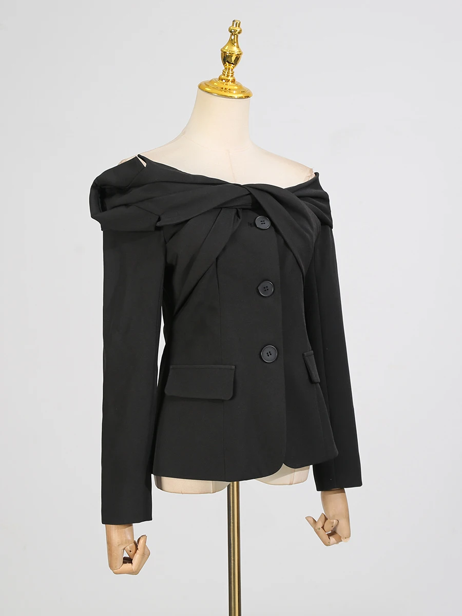 VGH Designer Solid Spliced Folds Slimming Jackets For Women Slash Neck Long Sleeve Spring Elegant Jacket Female Fashion Style