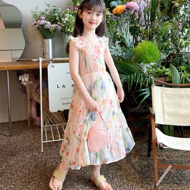 Girls Dress 2024 Summer New Childrens Clothes Western Holiday Style Beach Strap Floral Princess Dress Casual Simple Daily image 6