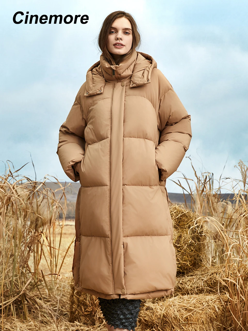 Casaco acolchoado longo das mulheres com capuz e bainha dividida, parkas de lã quentes, roupas acolchoadas, moda, inverno