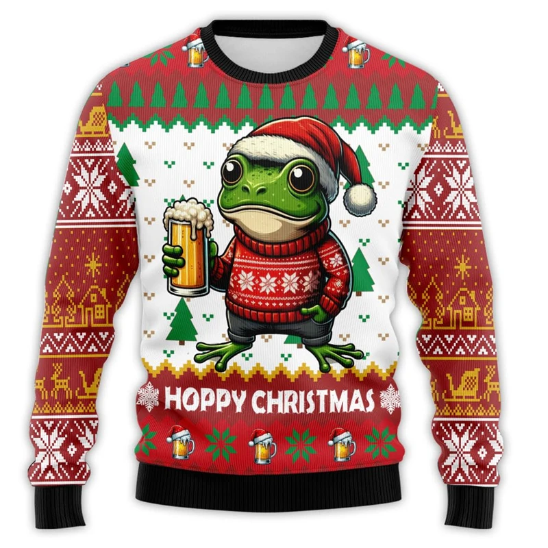 3D Print Ugly Christmas Sweatshirt For Men Women Funny Santa Claus Drank Beer Holiday Crew Neck Sweatshirt Mens Xmas Hoodies