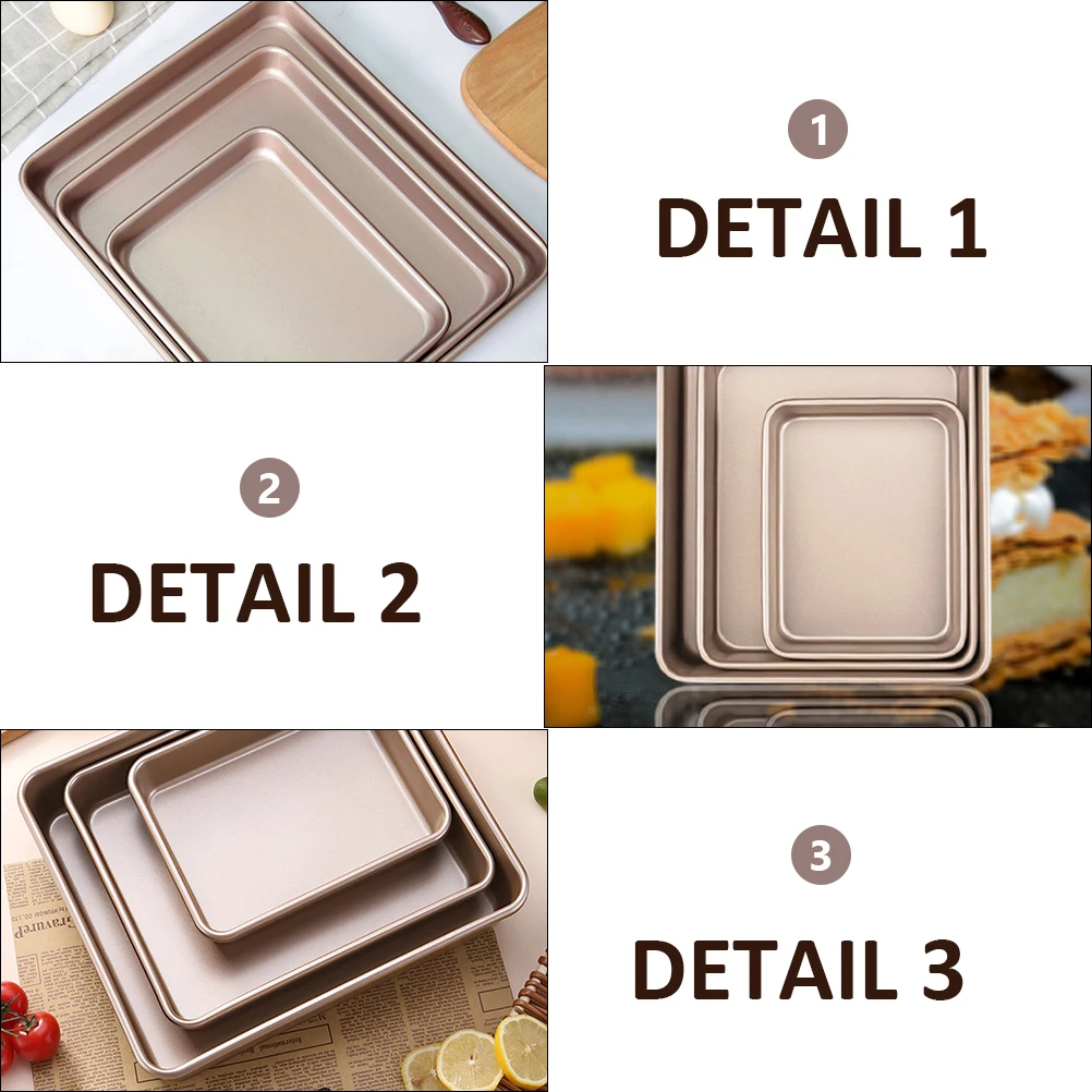 

3Pcs Carbon Steel Baking Pans Golden Rectangular Bakeware for Oven Bbq Picnic Party Kitchen Supplies Serving Tray Food Container
