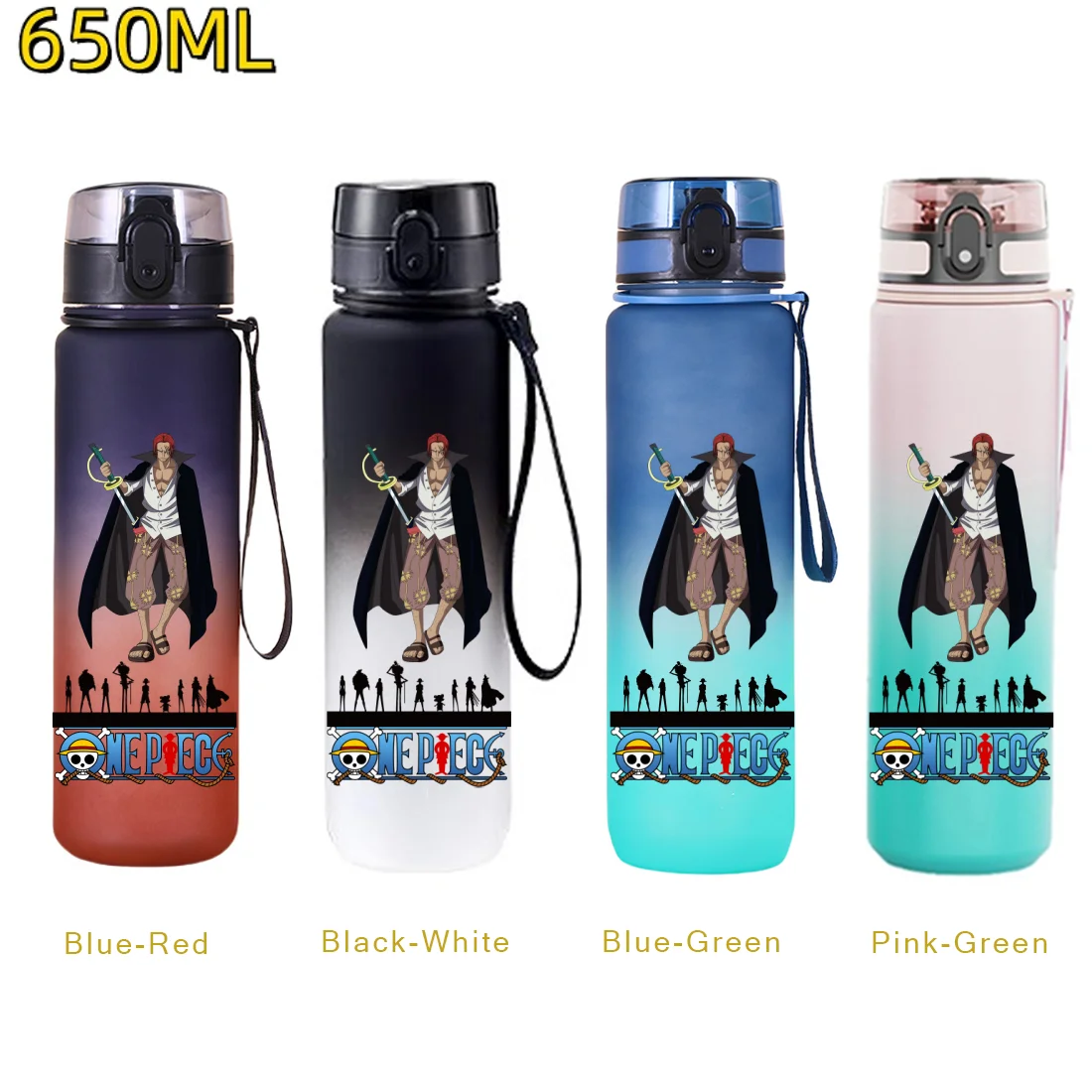 650ML ONE PIECE Luffy Zoro Sporttrinkflaschen Große Kapazität Sport-Fitness-Trinkflasche mit Klappdeckel Trinkwasserbecher Geschenk