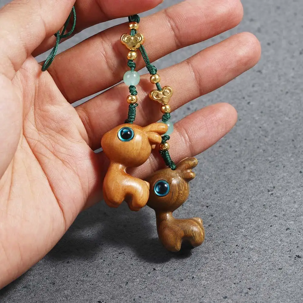 Unisex Cartoon Sandalwood Handmade Rope Car Key Chain Lanyard Bag Pendant Wood Key Chain Chinese Style Key Ring Mobile Phone