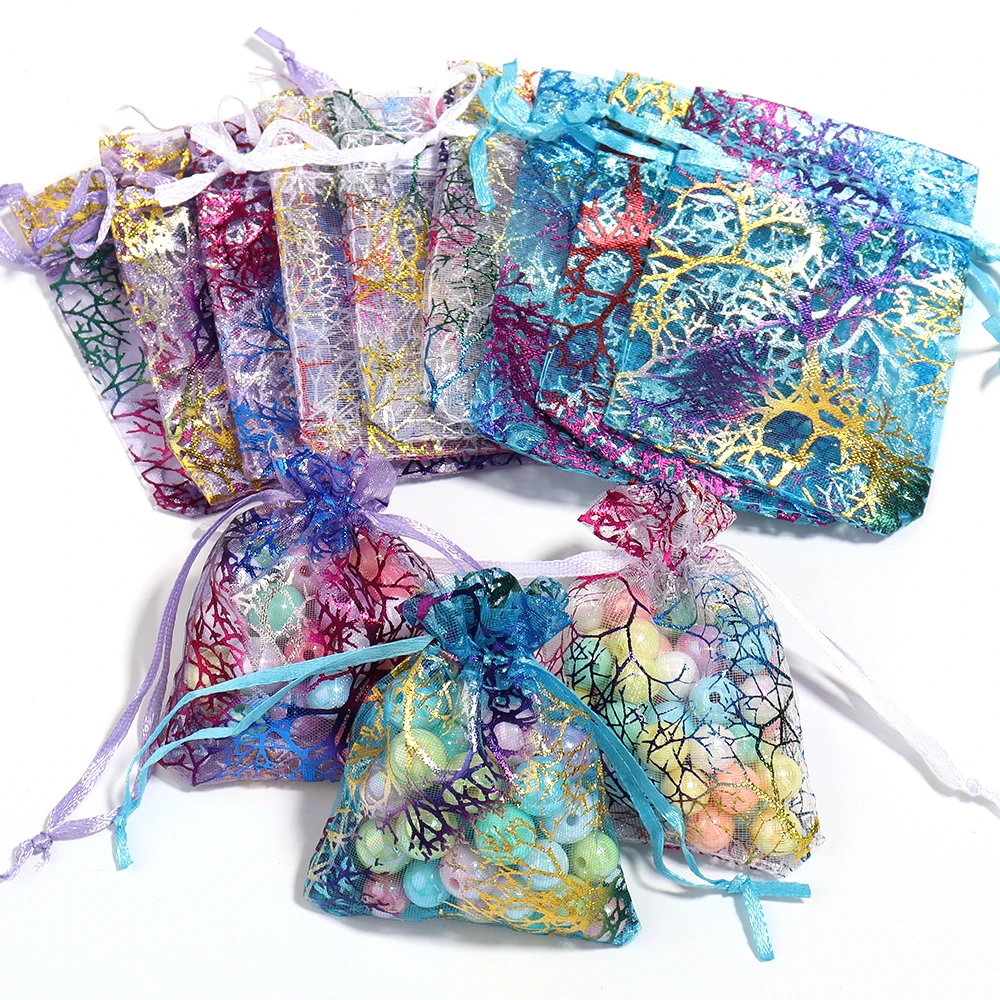 10 unids/lote de bolsas de Organza con cordón, bolsas de embalaje de joyería con patrón de árboles de Coral coloridos para boda, fiesta de cumpleaños, bolsas de regalo de dulces