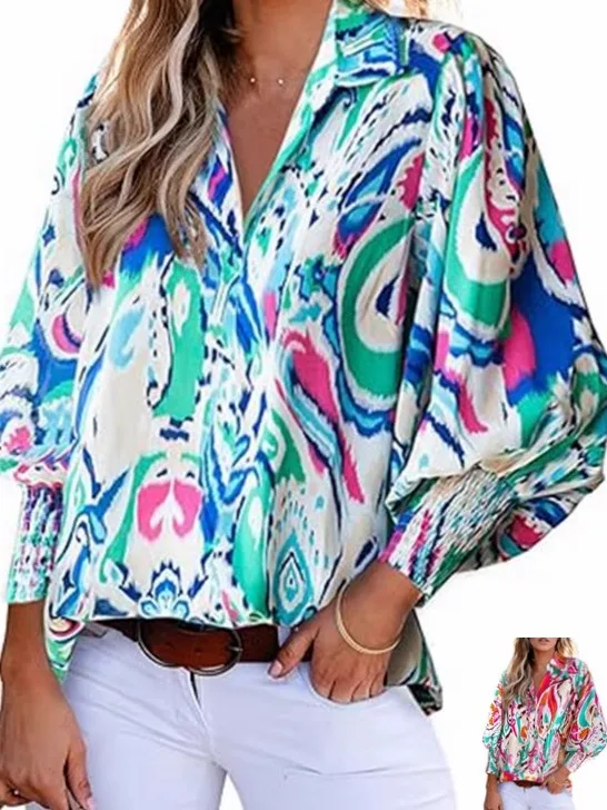 

Фонарь Све с принтом Повседневный irt Отложной воротник Полиэфирное волокно Длинный све Летняя мода Женский irt Китайский сле