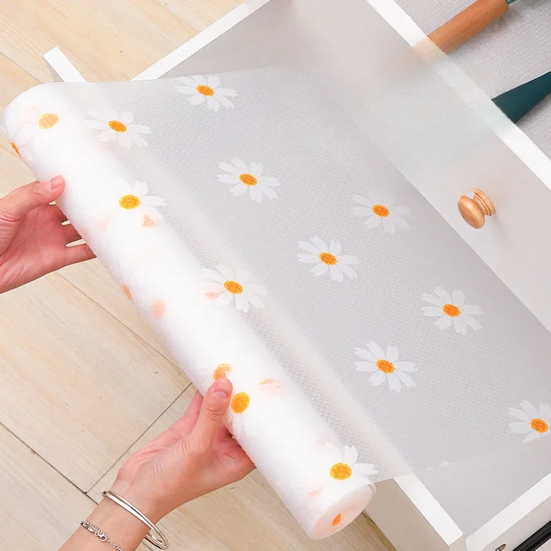 1 Roll Daisy Shelf Liner For Kitchen Cabinets EVA Waterproof Fridge Pad Cupboard Mat Easy Placemats Non-Adhesive Drawer Liner