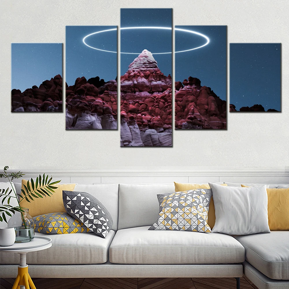 5 Pieces Canvas Wall Arts Landscape Poster Painting Nature Circle Light Mountain Peak Wallpaper Modern Home Decor Living Room