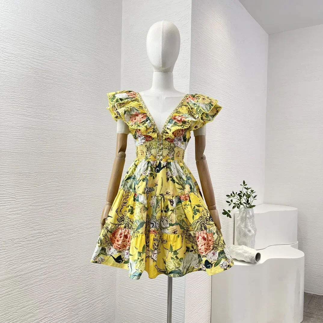 2025 New Yellow Floral Print Sleevless V Neck Diamonds Pressed Ruffles Cut Out Waist Women Mini Dresses for Holiday