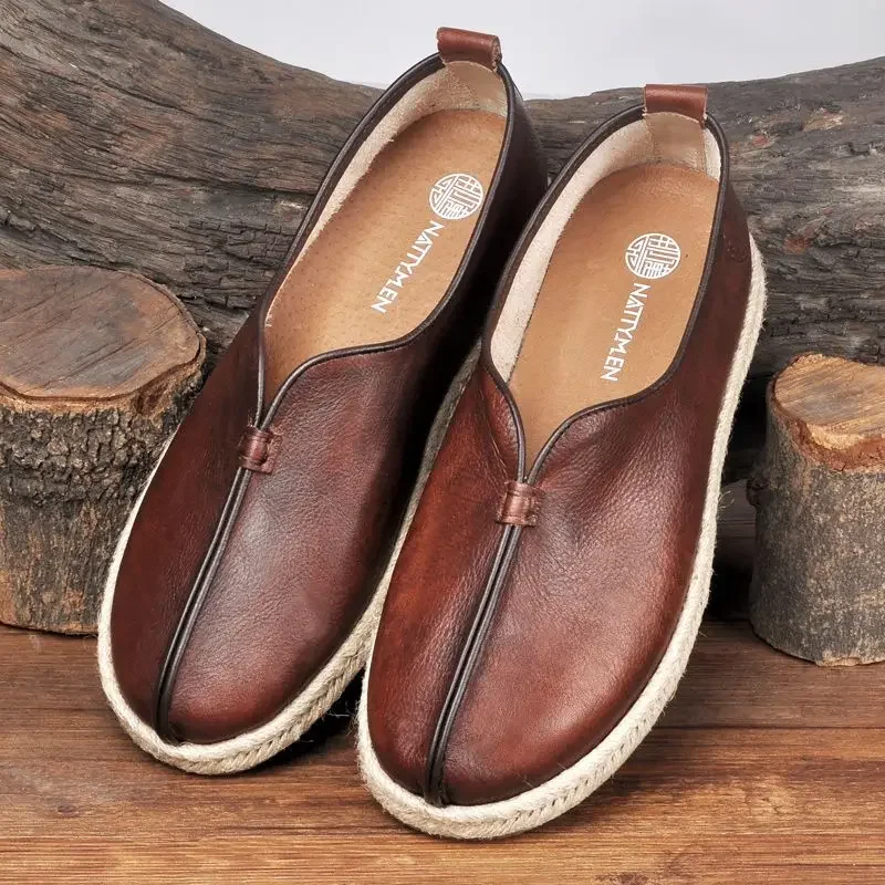 Genuine Leather Vintage Wing Chun Kungfu Shoes Chinese Traditional Shoes Wushu Tai Chi Old Peking Casual Flat Shoes Loafers