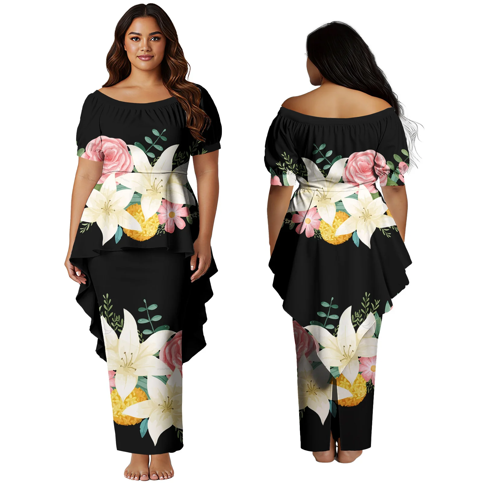 Tout nouveau Design robe Maxi personnalisée haut de gamme hawaïen Puletasi Samoan manches courtes jupes longues Polynésien Puletasi 2 pièces ensemble robes