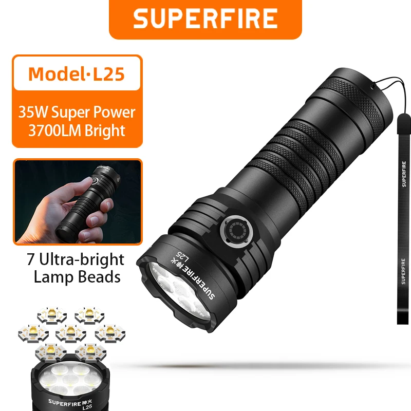 SUPERFIRE L25 EDC Flashlight Mini Powerful 35W LED 3700LM Super Bright Small Torch Type-C Rechargeable Self defense Camping Lan