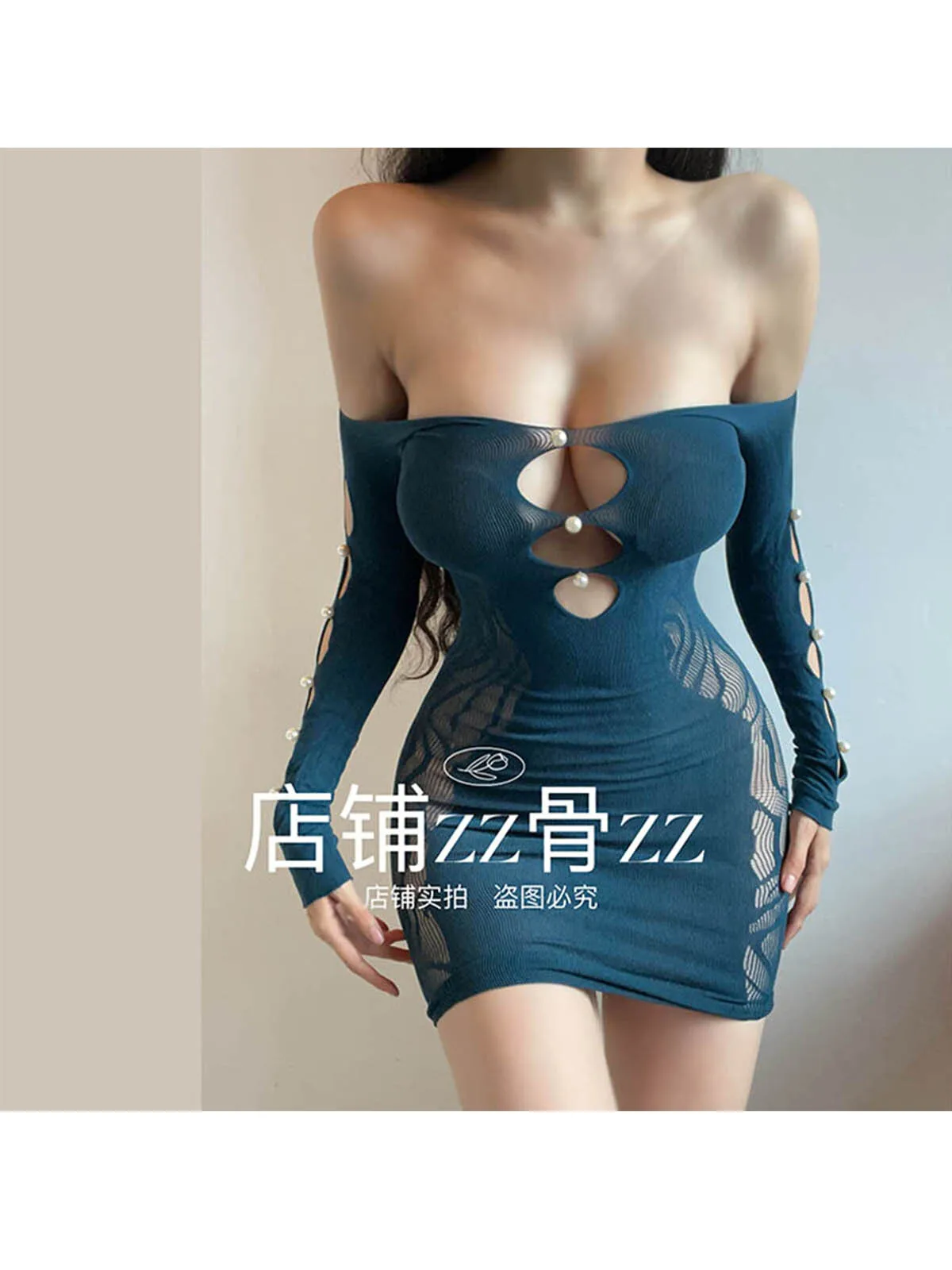 Nova malha feminina emenda fora do ombro elástico hip abraçando transparente sexy hip manga longa vestido elegante azul doce topo 6x36