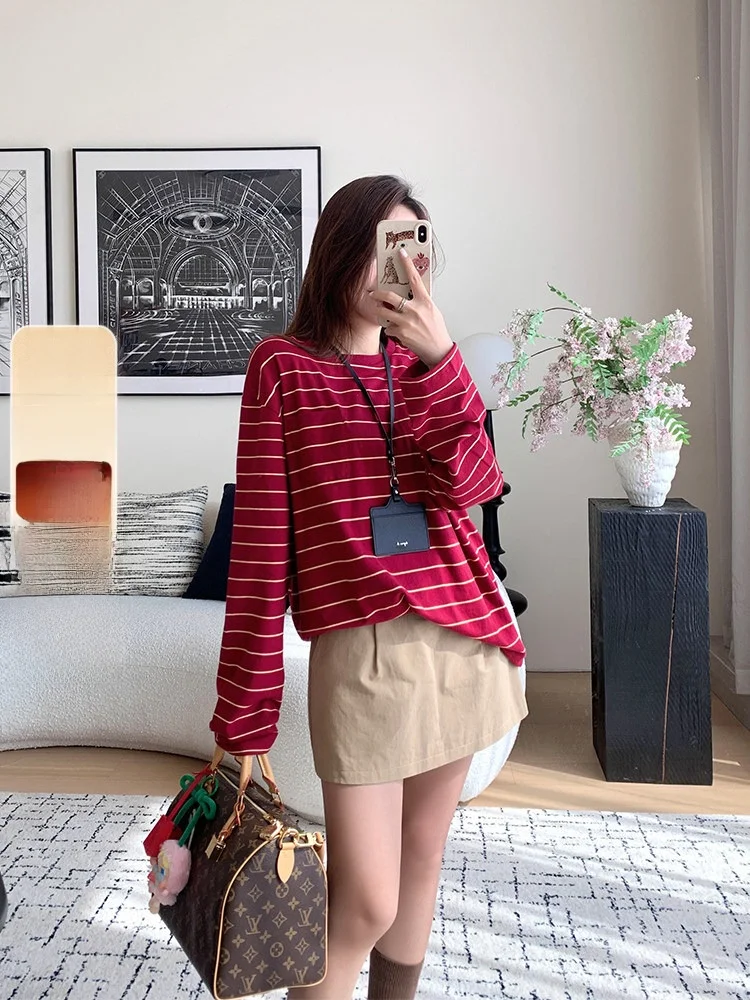 

Классическая полосатая футболка свободного кроя с цветовыми блоками, повседневный хлопковый топ с длинным рукавом для женщин, Cheeseandkisses, с подкладкой, универсальный размер