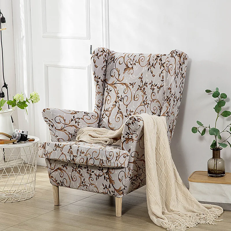 Floral Wing Chair Slipcover Stretch Spandex King Back Armchair Covers Non Slip Relax Sofa Slipcovers with Seat Cushion Covers