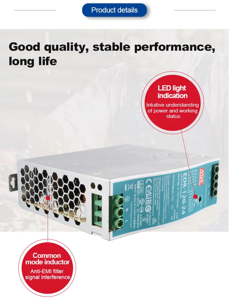 Alimentation d'énergie de commutation de Meanwell de EDR-120-24 de sortie unique de 120W 24V 5A pour l'équipement industriel