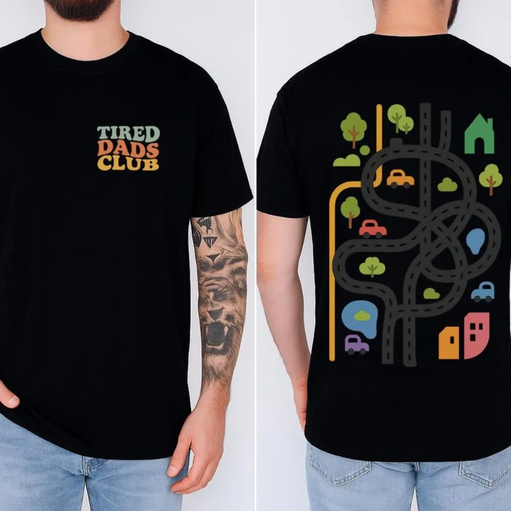 Cute Tired Dads Club Shirt Play Cars on Dad's Back Mat Road Car Race Track Shirt Funny Father Gifts Men Cotton Short Sleeve Tops