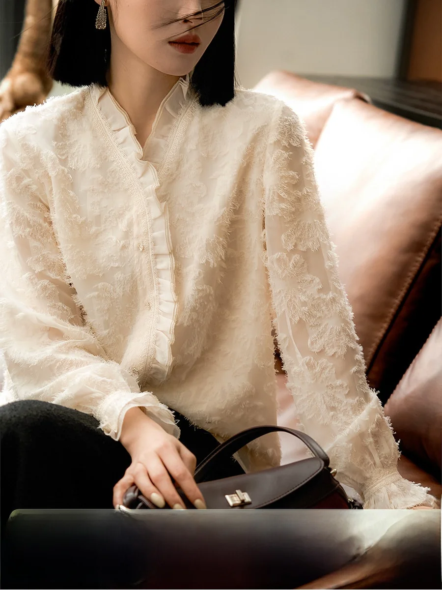 

Элегантная женская рубашка с воротником-стойкой, бархатными цветами и 3D-аппликациями, весна 2026, для офиса, с длинным рукавом, из полиэфирного волокна