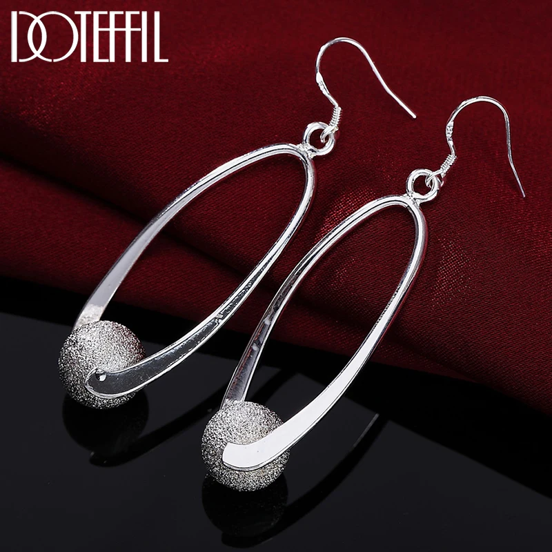 DOTEFFIL 925 Sterling Silver Circle Hoop Frosted Beads Earrings Charm For Women Lady Fashion Wedding Engagement Party Jewelry