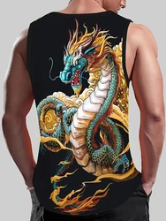 Green Dragon Printed Sports Vest Men's Loose Summer Fashion Fitness Sleeveless Shirt Men's Vintage Oversized T-Shirt