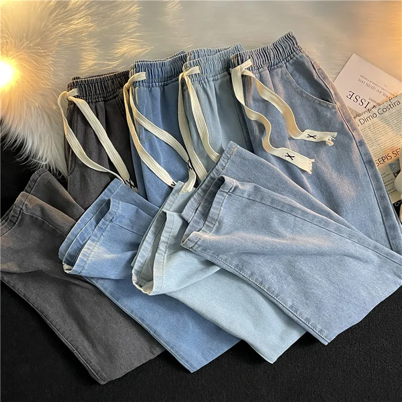 

Мужские джинсы свободного кроя с прямыми штанинами, повседневные, с эластичной талией, в гонконгском стиле, осенние, модные, брендовые, длинные брюки, молодежные джинсы