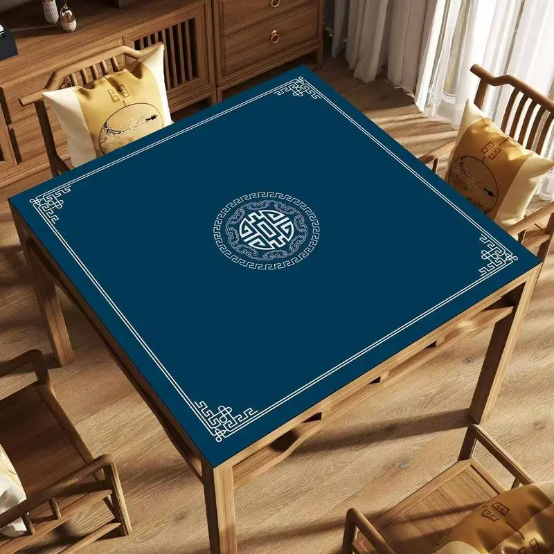 New Chinese Style Mahjong Table Mat With Navy Blue Square Retro Anti Slip Noise Reducing Tabletop Mat Portable Desktop Decor