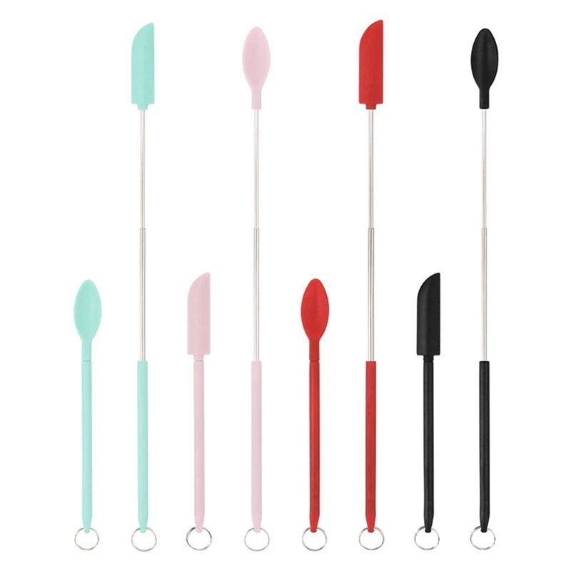 8 buah Spatula silikon teleskopik dan Sendok, Spatula silikon Mini, Spatula Makeup mudah untuk menyimpan untuk memasak di dapur
