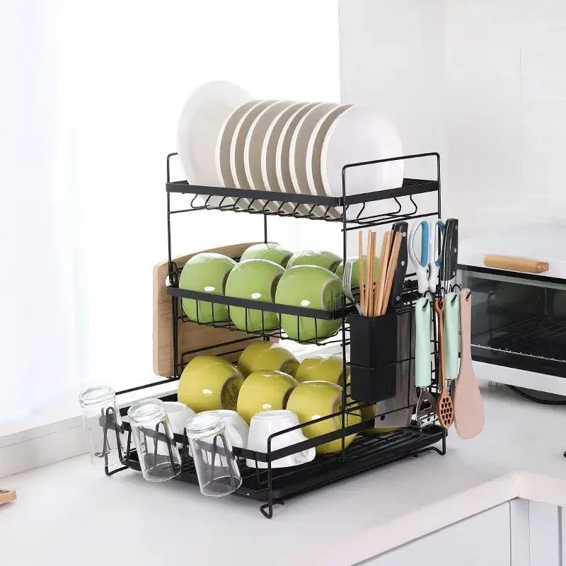 Multifunctional 2 Layer Dish Drying Rack with Drain Board and Cutlery Holder Large Capacity Kitchen Counter Organizer