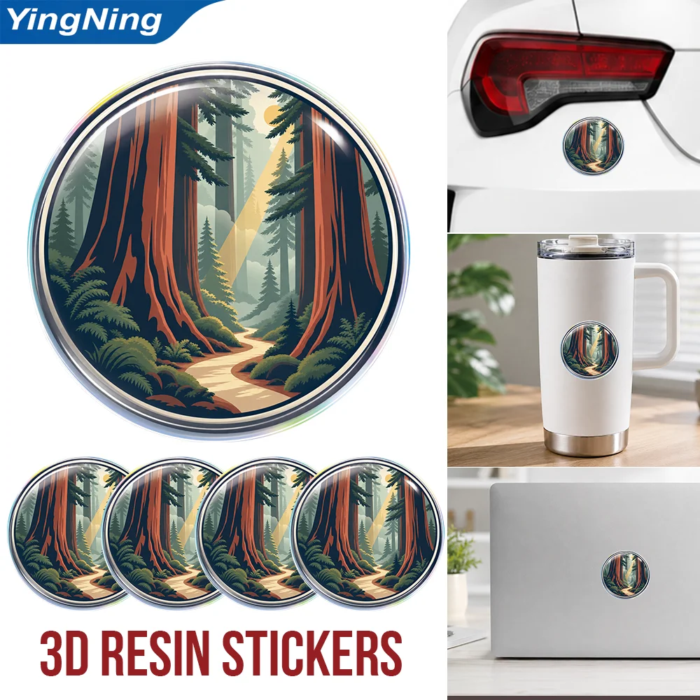 Sunlit Redwood Forest Woodland Trail 3D Epoxy Resin Round Stickers Waterproof Glossy Decals for Car Laptop Tumbler Water Bottle