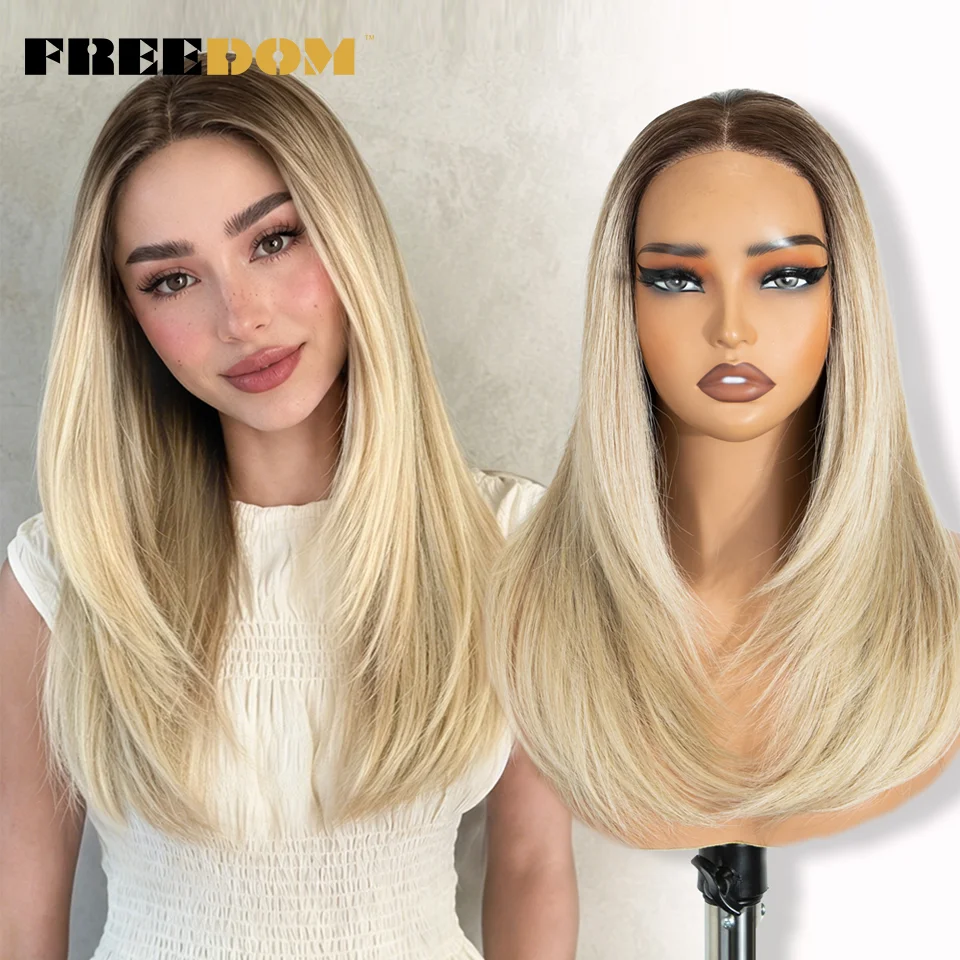 FREEDOM 13x3 Synthetic Lace Front Wigs For Women 18 Inch Layered Straight Pre-plucked Pre-cut Ombre Brown Blonde Daily Use Wigs