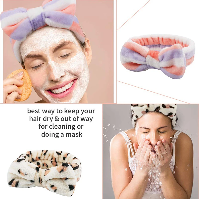 1Pc Women Spa Headband Bow Hair Band Wrist Towels Washing Face Set Soft Coral Fleece Head Wraps For Shower Washing Face