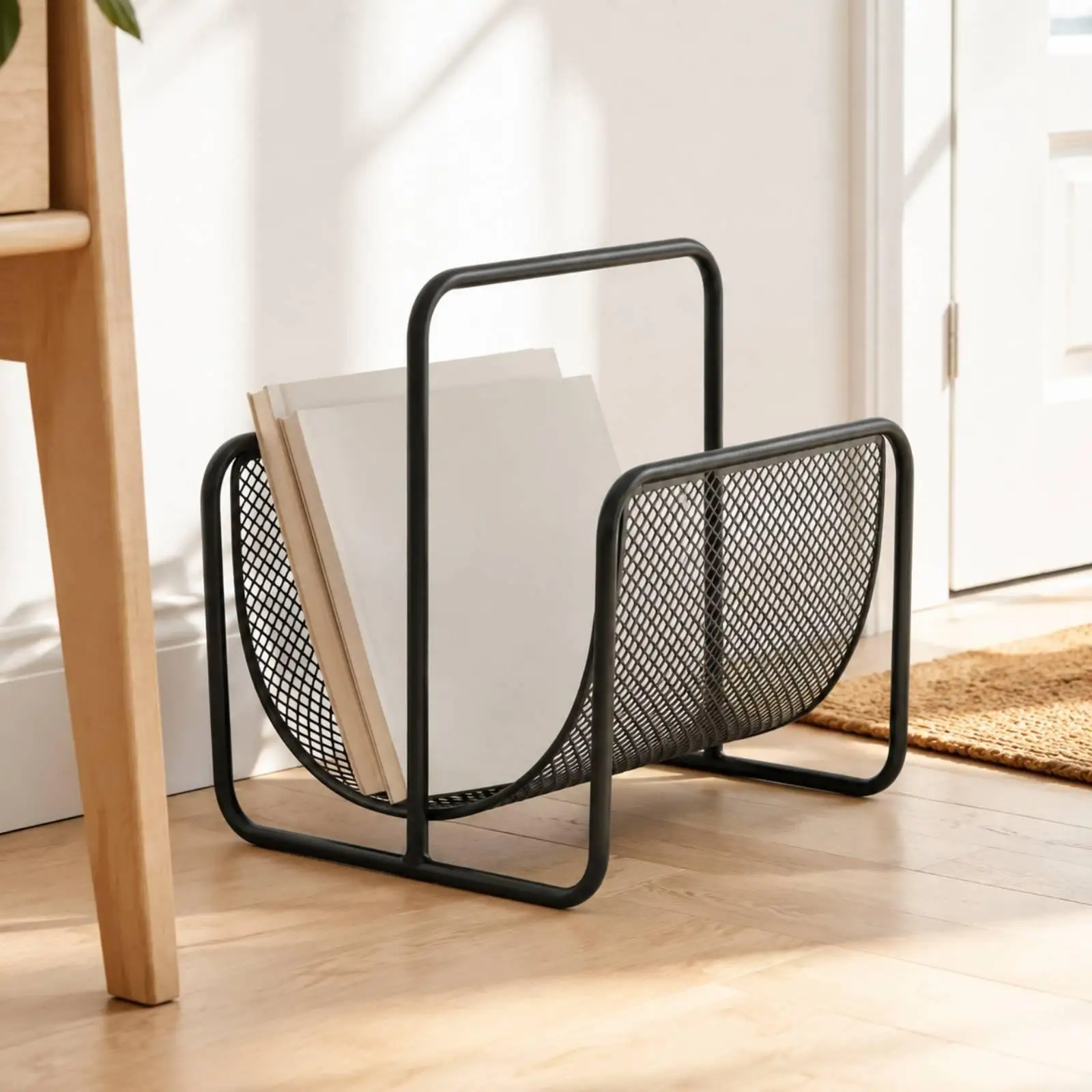 Metal Magazine Rack with Carry Handle Multi-Functional Floor Magazine Rack Perforated Mesh Book Holder Sturdy Portable