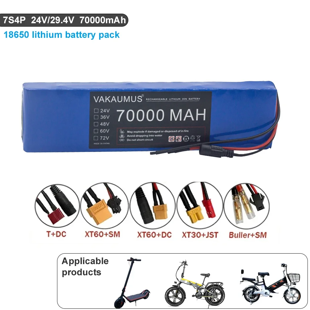 

24V 7S4P 18650 Battery 70Ah Rechargeable Lithium Ion Battery Pack for Electric Bicycle Moped Scooter Batteries+29.4V Charger