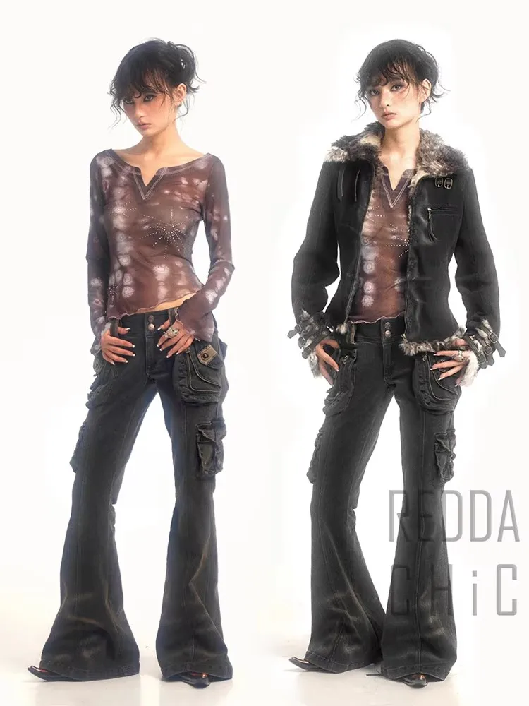 REDDACHiC Dual-Button Low Rise Women Cargo Pants Grunge Zipper Decor Pockets Do Old Whiskers Flare Jeans Grayu Y2k Streetwear